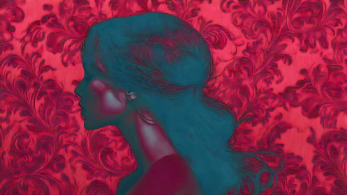 Profile portrait merges teal silhouette with ornate red damask