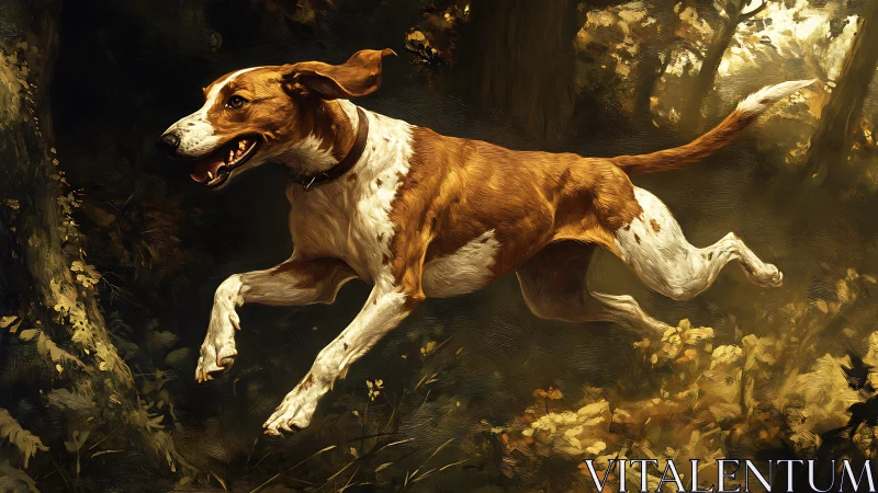 Kinetic hound in mid-leap through dynamically lit forest.