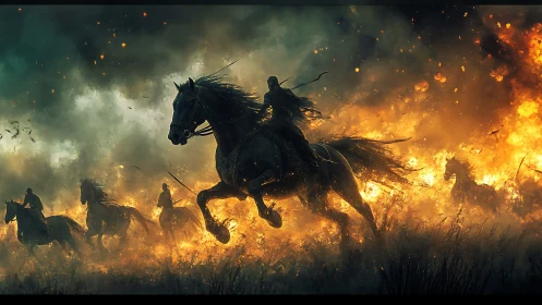 Mounted figures traverse burning landscape under dense smoke