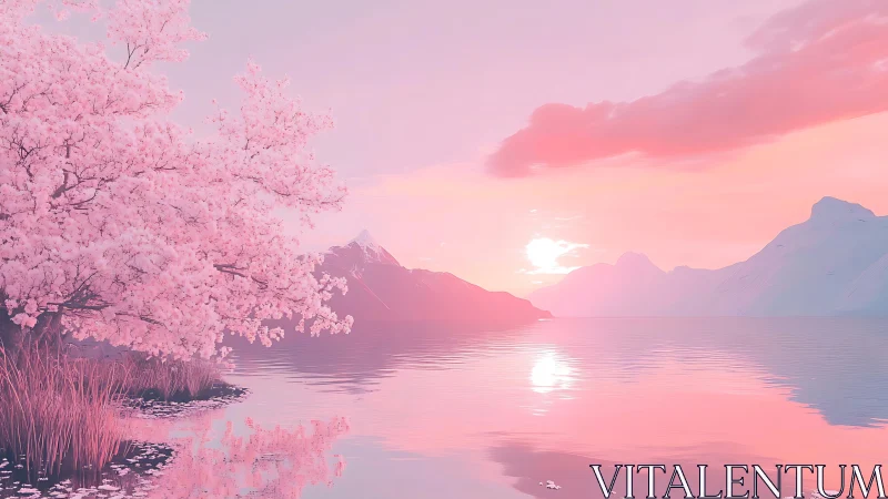 Pink cherry shoreline under pastel sunset over mountains.
