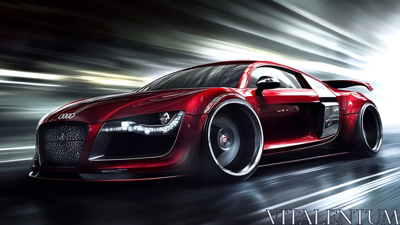 Futuristic red supercar races through neon-lit tunnel at speed.