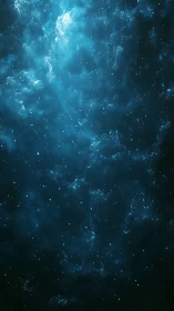 Dense cyan nebula with stochastic starfield and volumetric scattering