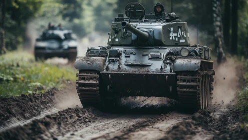 Tracked main battle tank advancing through muddy forest trail.