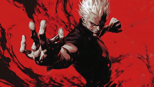 White haired fighter extends hand against swirling red void