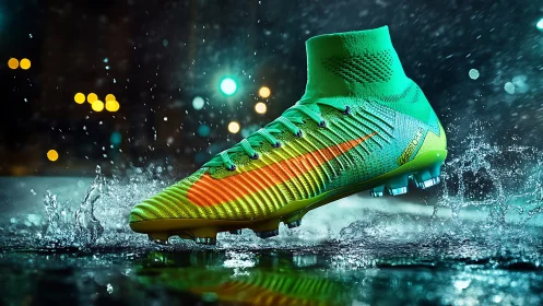 Neon soccer cleat slices through rain on a floodlit pitch