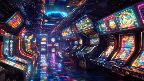 Neon cyber arcade hallway with retro gaming machines.
