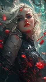 Warrior muse drifts in red rose storm and liquid shadow