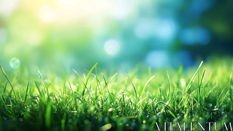 Close-up of fresh green grass in morning sunlight, nature background.