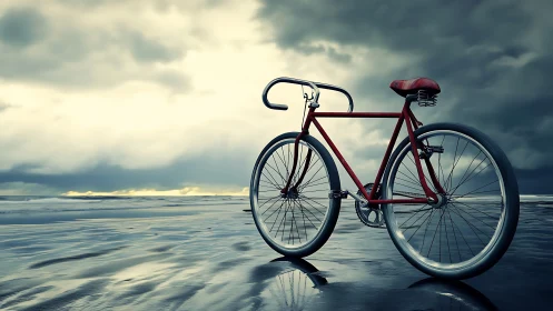 Red fixed-gear bicycle positioned on wet sand surface