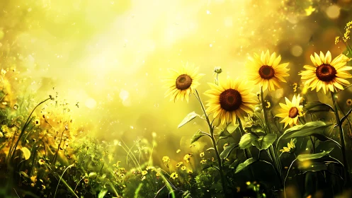 Backlit sunflowers emerge through luminous golden haze