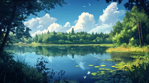 Sunlit forest lake under towering summer clouds.