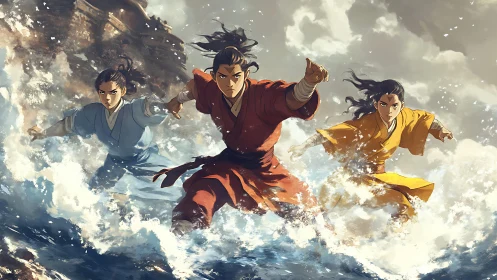 Martial warriors stride across storm waves in dynamic formation.