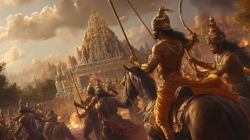 Warriors on horseback charge toward burning temple city