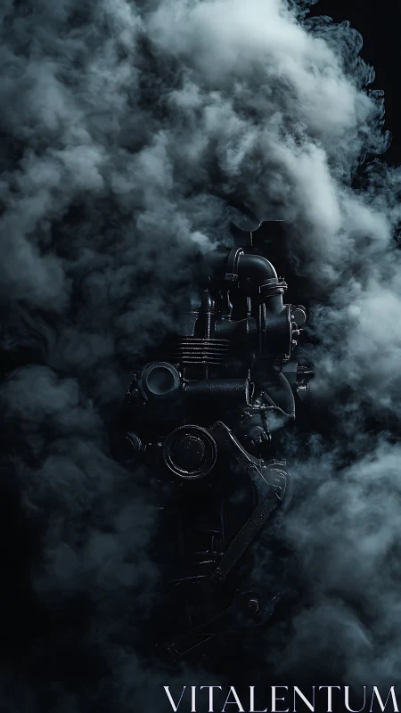 Industrial engine partially obscured by dense rolling smoke
