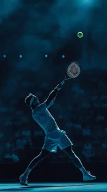 Tennis player serves under dramatic arena spotlight.