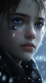 Cyborg face in close-up under rain is rendered in detail