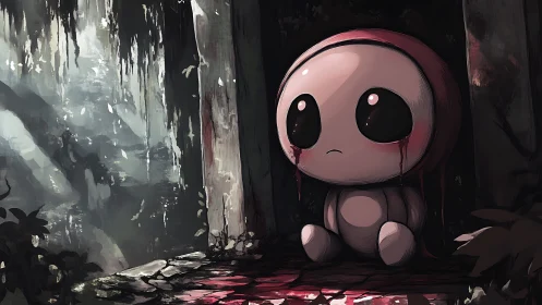 Melancholic doll sits bleeding tears in a shadowed forest