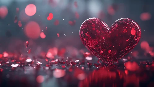 Glowing crimson heart outline suspended among bokeh particles.