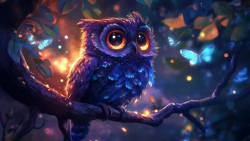 Enchanting Owl Illustration with Glowing Eyes in Magical Forest.