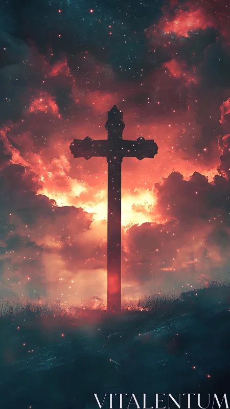 Lone hilltop cross glowing against a dreamy cosmic sky.