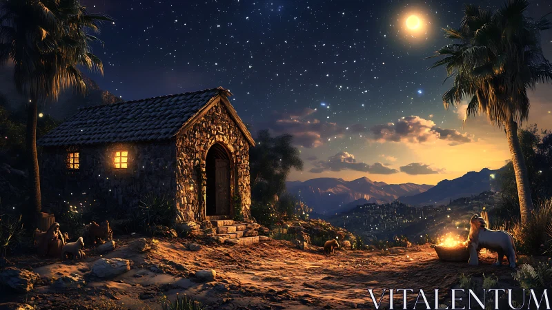 Starlit stone cottage and manger under glowing desert sky.