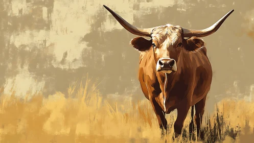 Longhorn cow standing in dry grassland, frontal view.