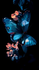 Blue butterfly on coral flowers in dark background.