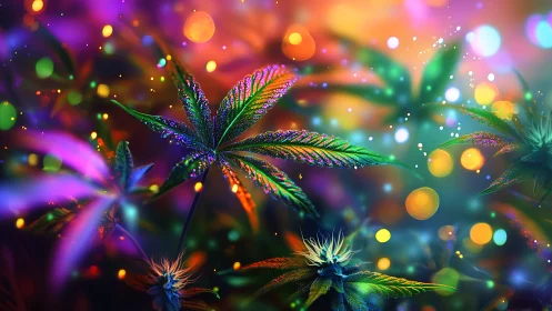 Chromatic cannabis foliage under spectral bokeh illumination.