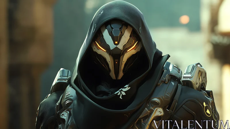 Armored hooded cyborg stands in glowing sci‑fi ruins.