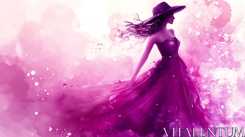 Elegant woman in magenta dress dances through watercolor light