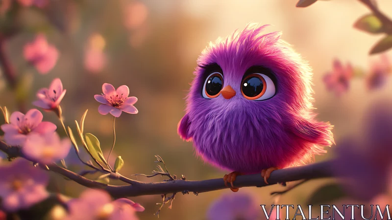 Adorable Fluffy Purple Cartoon Bird on Cherry Blossom Branch.