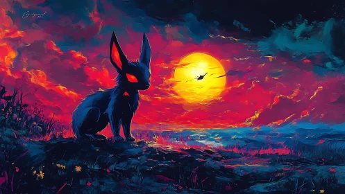 Dark foxlike creature under vivid red and yellow sunset.