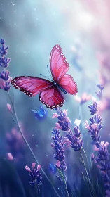 Crimson butterfly drifts like a quiet comet through lavender