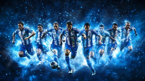Soccer players sprint through blue particle effects in formation