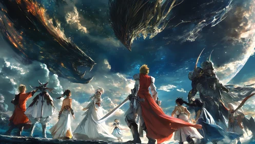 Celestial heroes confronting void-serpent titans at horizon.