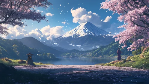 Cherry blossom lake reflects snowcapped mountain at sunrise