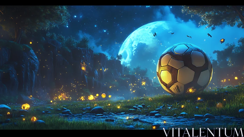 Fantasy night landscape with giant soccer ball under moonlit sky.