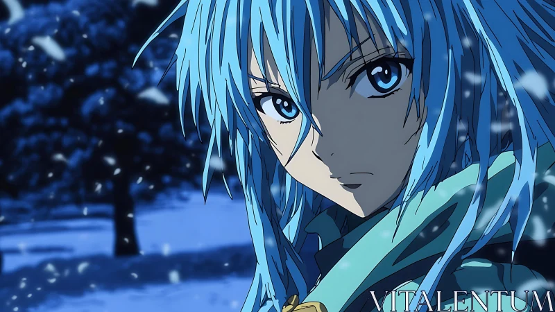 Blue-haired anime hero in snowfall with intense gaze.