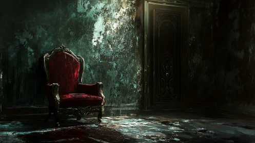 Decayed baroque armchair beside luminant engraved doorframe.