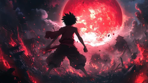 Silhouetted anime warrior facing colossal erupting red moon
