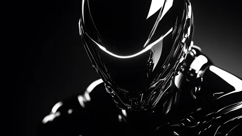 Glossy humanoid robot head rendered in high contrast light.