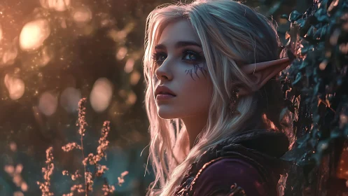 Elf maiden gazes into glowing forest light with quiet wonder
