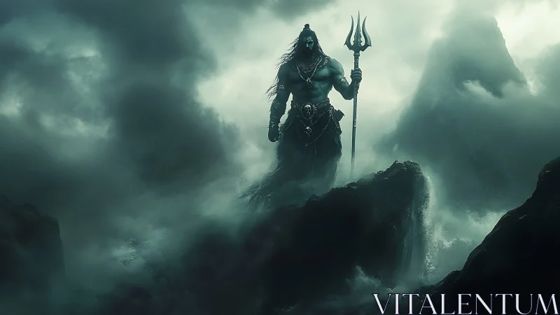 Storm-shrouded mythic warrior stands on jagged coastal rocks