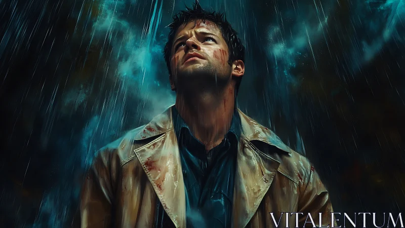 Wounded man in trench coat endures storm under dark sky