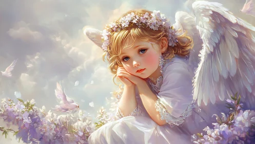 Cherubic angelic child in luminous pastel floral clouds.