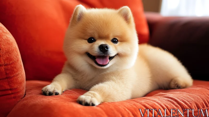 Fluffy Pomeranian relaxes happily on a vivid orange sofa.