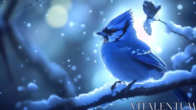 Blue jay perched on snowy branch, dreamy winter art style.