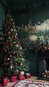Opulent Christmas tree beside dark green fireplace scene.