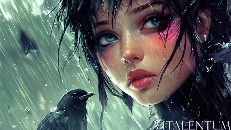 Rain-swept raven girl gazes through silver stormlight.