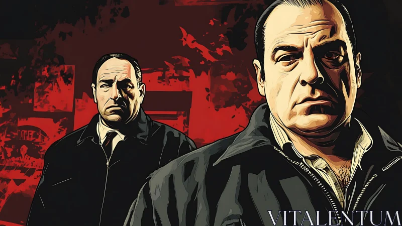 Two intense men stand against red noir crime backdrop